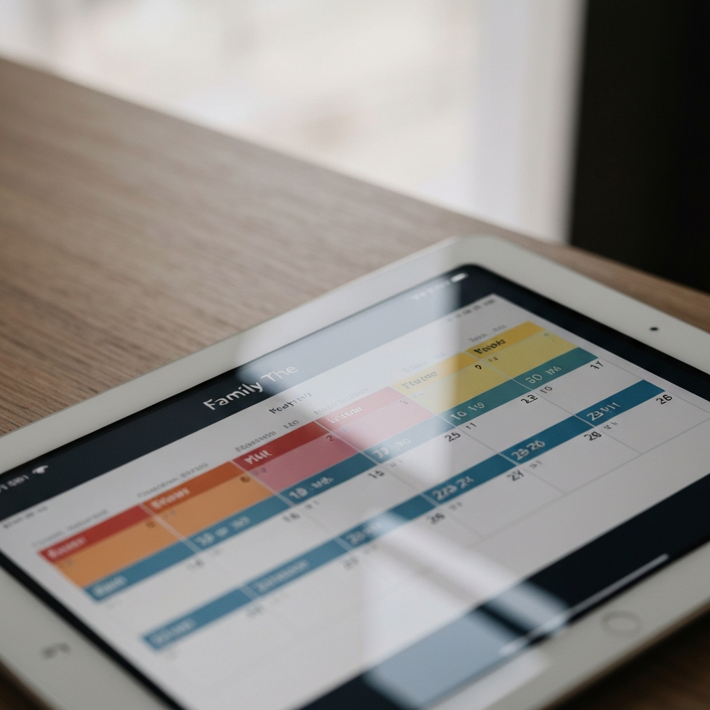 Close-up shot of a digital tablet displaying a color-coded family calendar. The lighting is soft and diffused, highlighting the clarity and organization of the schedule. The reflection of a window can be subtly seen on the screen.