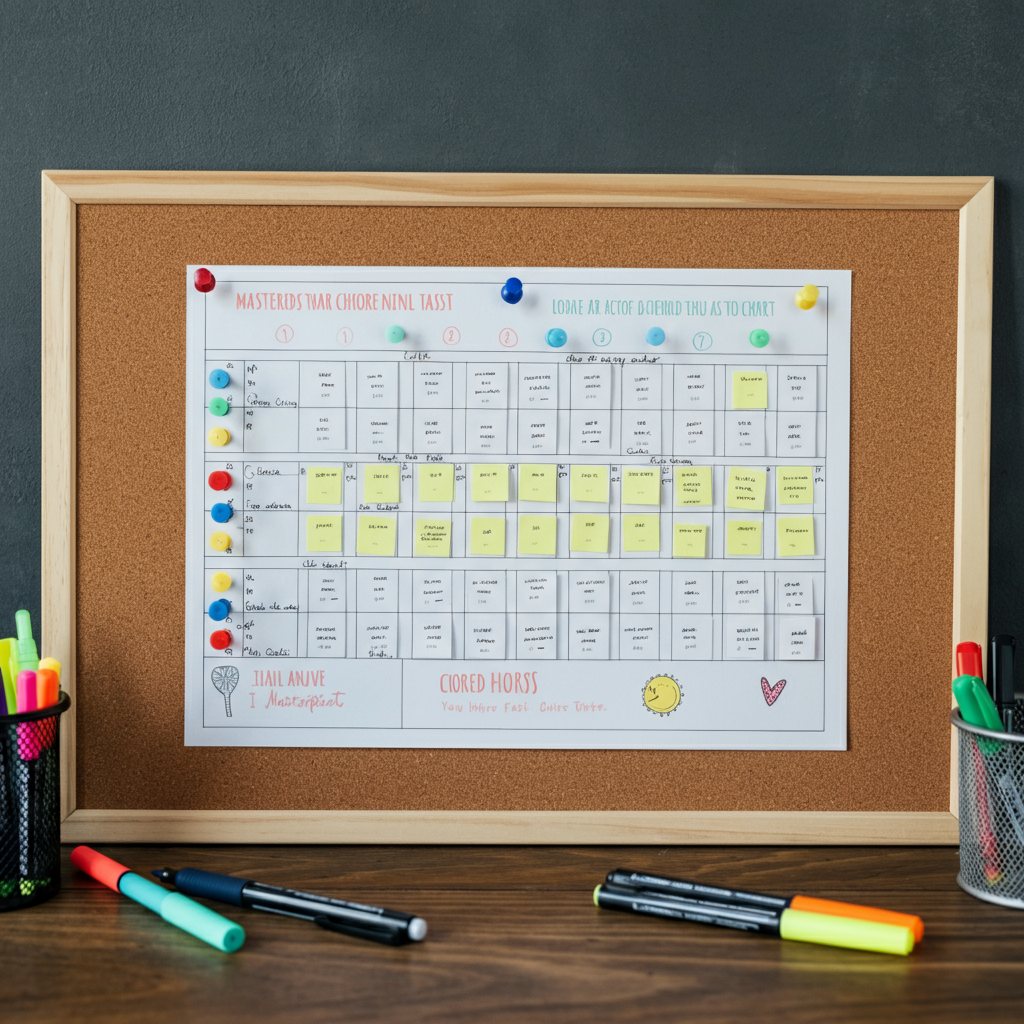 A corkboard with a chore chart pinned to it. The chart is organized with colorful headings and clear task assignments for each family member. The lighting is natural, highlighting the textures of the corkboard and the paper. Pens and markers are scattered around the base of the board.