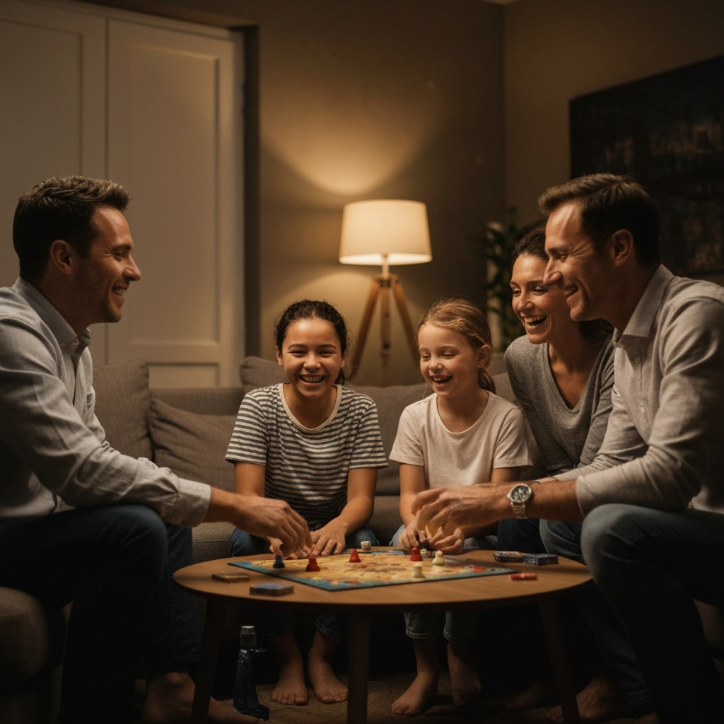 A family playing a board game in the living room. The room is lit with warm, inviting light, creating a cozy atmosphere. The focus is on the laughter and interaction among the family members. The board game is centrally placed, emphasizing the shared activity.