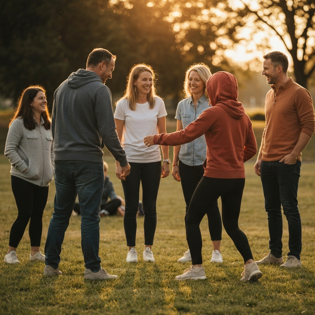 A group of parents gathered in a park, chatting and laughing while their children play nearby. The scene is bathed in golden hour lighting, creating a warm and inviting atmosphere. The focus is on the sense of community and support among the parents.