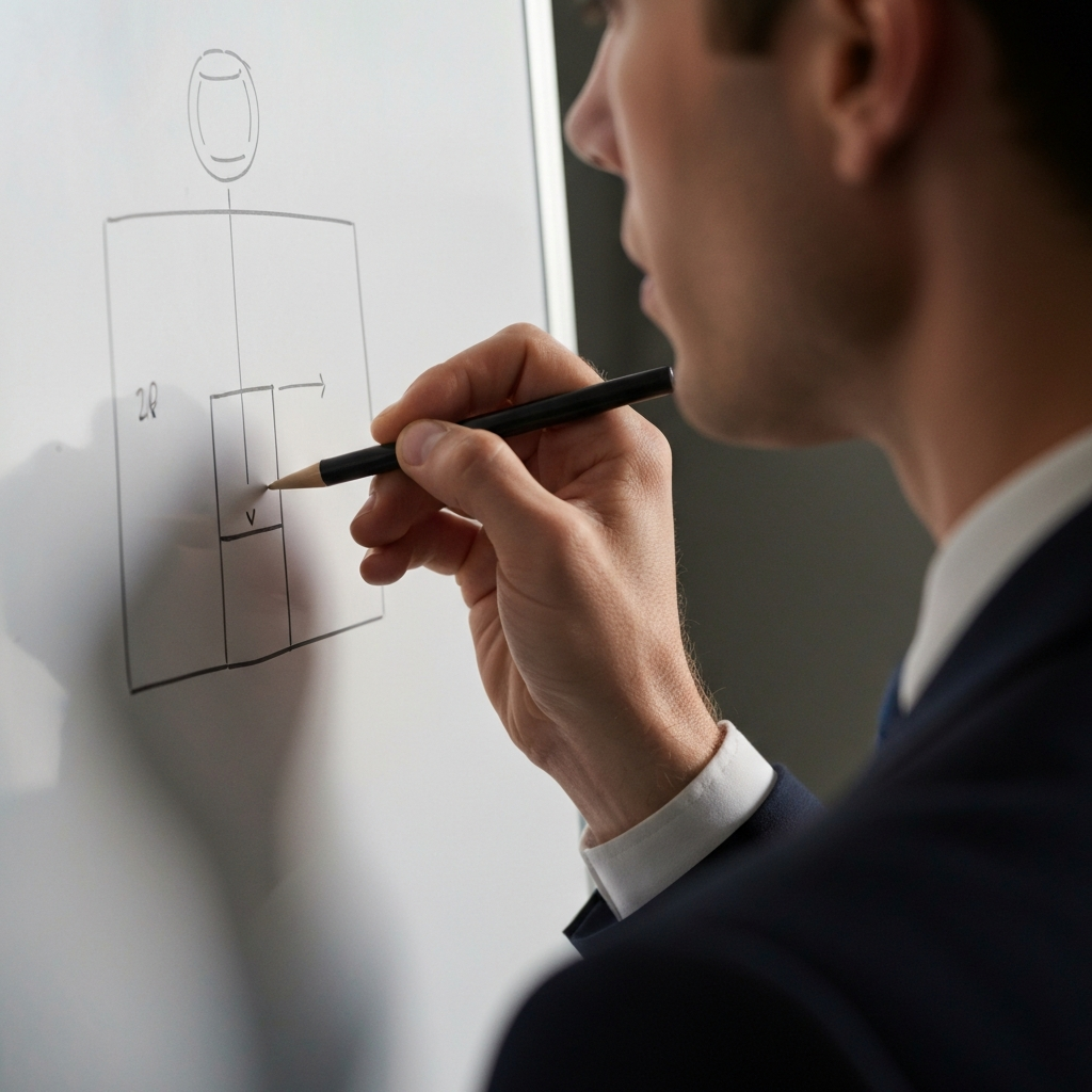 Close-up shot of a hand sketching a simple product diagram on a whiteboard, soft side lighting emphasizing texture of the whiteboard.