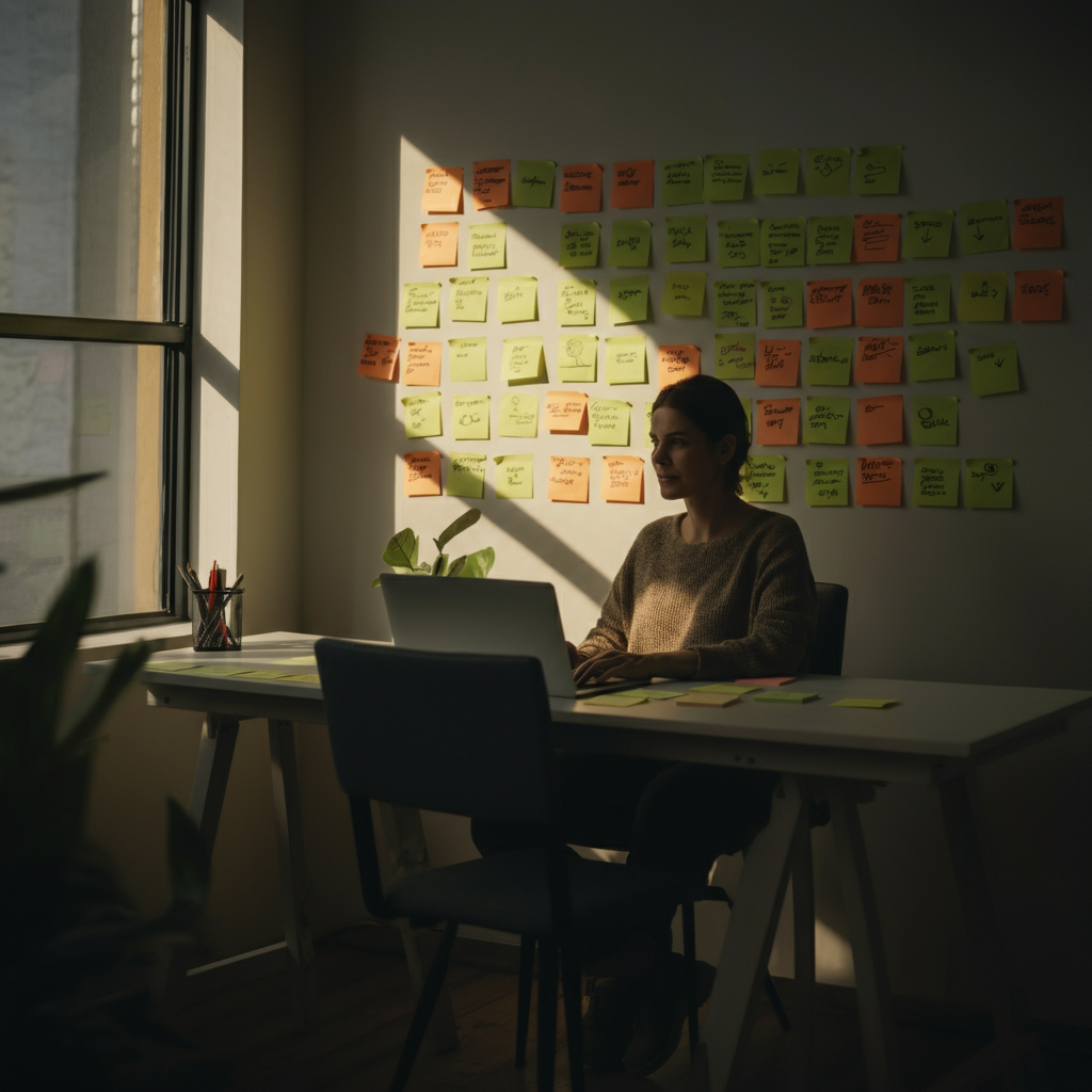 A person sitting at a desk with a laptop, surrounded by sticky notes with customer personas and keywords, warm golden hour light filtering through a nearby window.