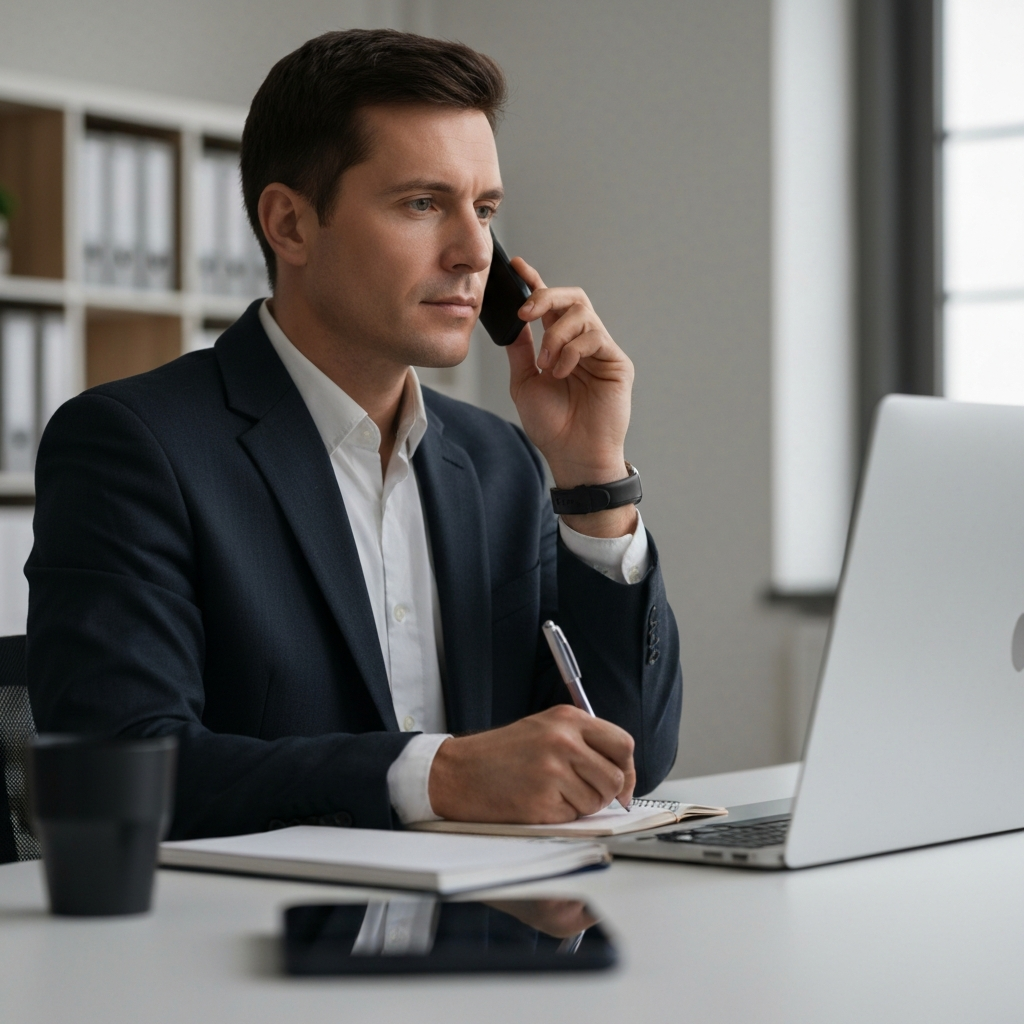 A person on a video call, professionally dressed, actively listening and taking notes, soft focus background suggesting a home office setup.