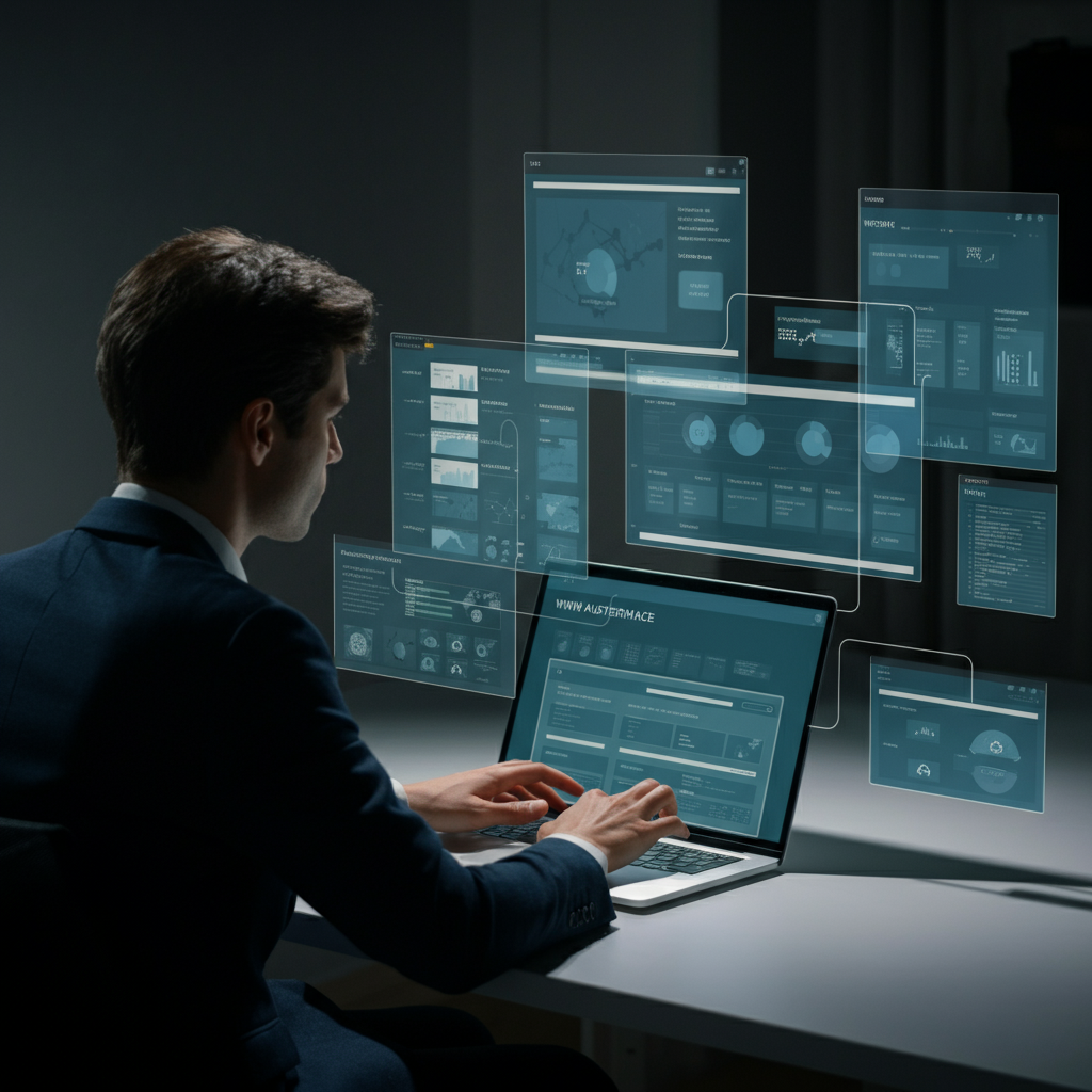 A person sitting at a clean desk, working on a laptop with multiple browser windows open, illustrating different automation tools and dashboards.