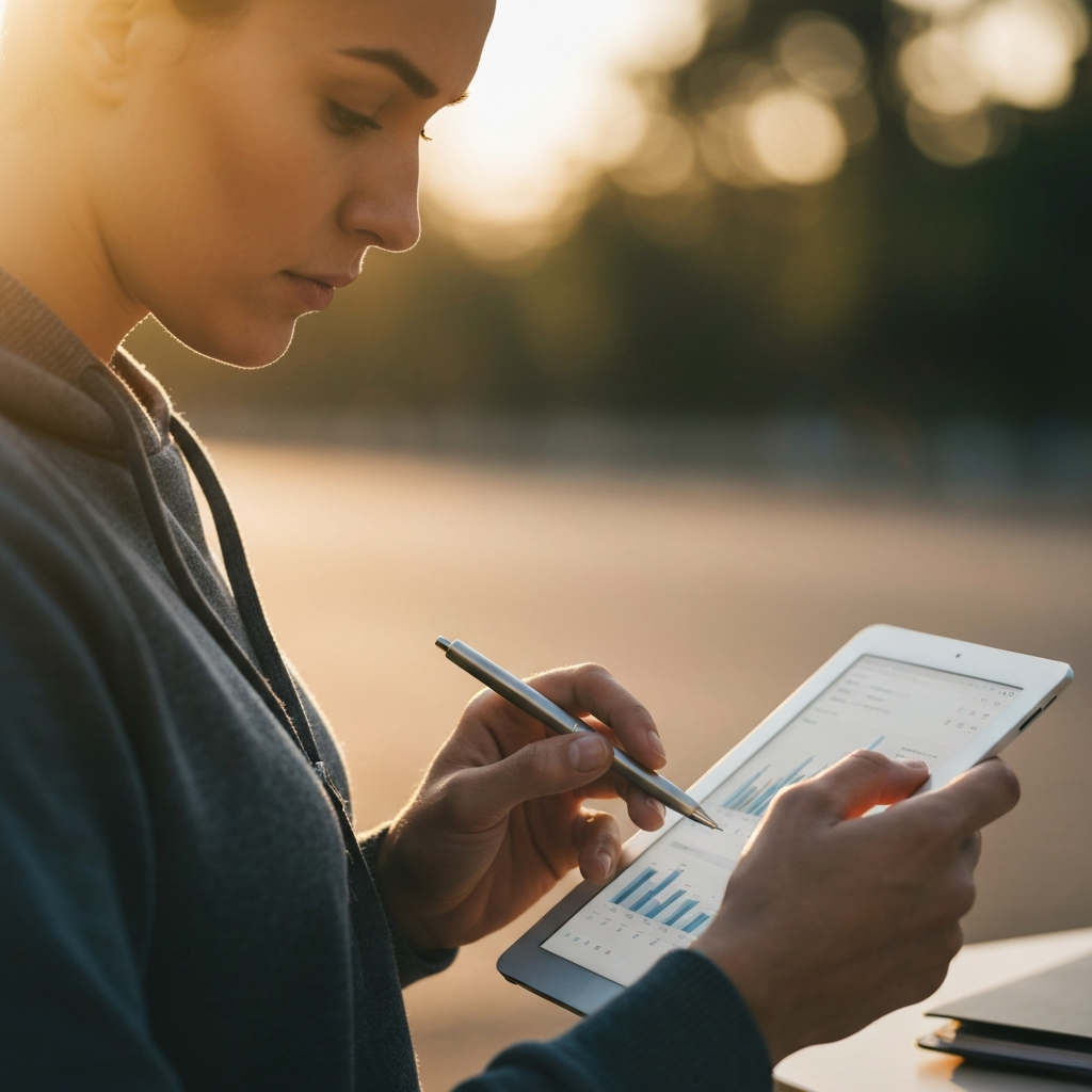 A person reviewing a financial dashboard on a tablet, with a pen in hand, looking thoughtfully at the data, soft bokeh in the background.