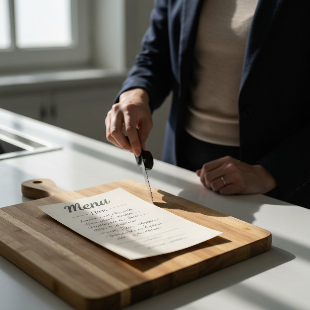 A bright kitchen counter with a neatly handwritten menu resting on a wooden cutting board. Soft natural light highlights the texture of the paper and the grain of the wood.