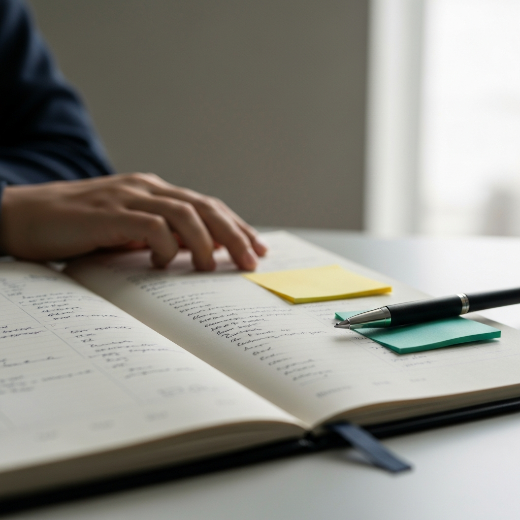 A close-up of a planner with handwritten notes and colorful sticky notes. The pages are slightly worn, suggesting frequent use. Soft focus on the background, emphasizing the sense of organization.