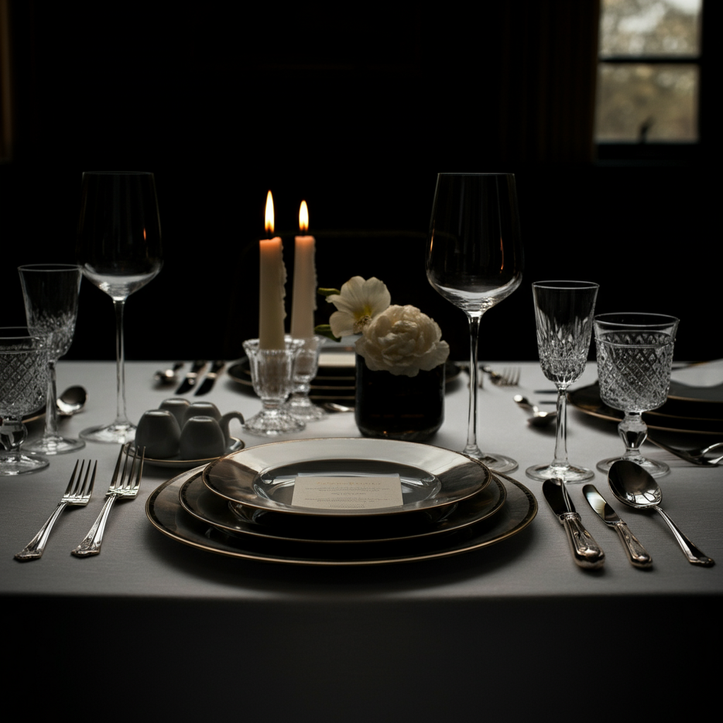 A beautifully set dining table with soft lighting. The focus is on the details: elegant silverware, crystal glasses, and a simple floral arrangement in the center.