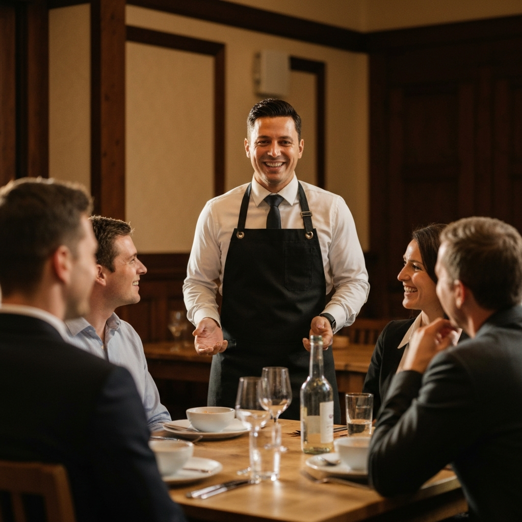 A host smiling and talking to a group of guests in a warmly lit dining room. Everyone is engaged in conversation and appears to be having a good time.