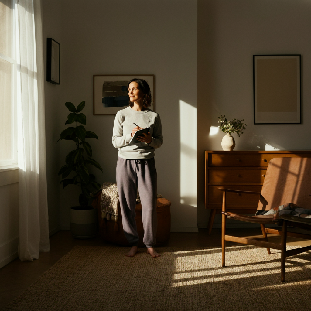 Wide shot of a sunny living room. A woman in comfortable clothing stands with a notepad, thoughtfully observing the space. Soft, diffused light streams through the window. Natural textures of the rug and wooden furniture are emphasized.
