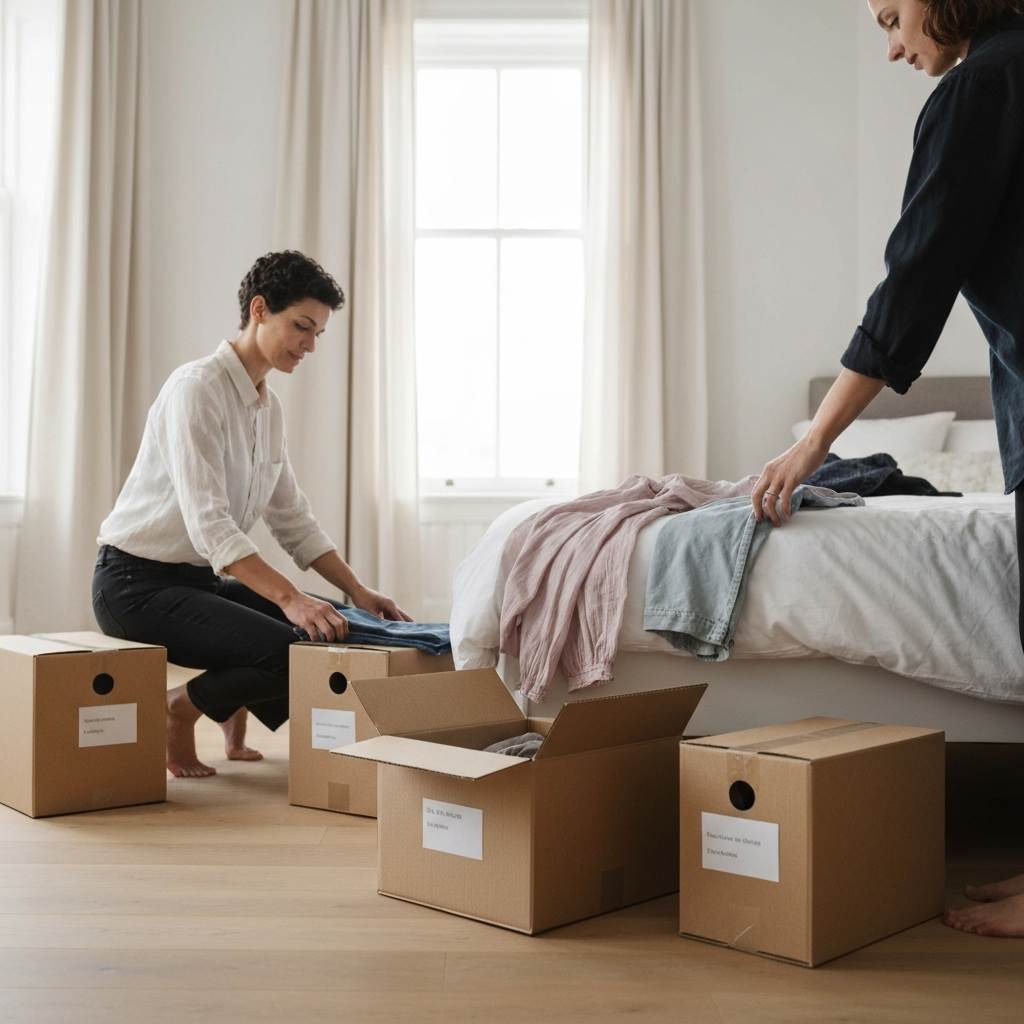 Medium shot of a person sorting through clothes in a bedroom. Four labeled cardboard boxes are neatly arranged on the floor. The focus is on the texture of the fabric and the organized process.