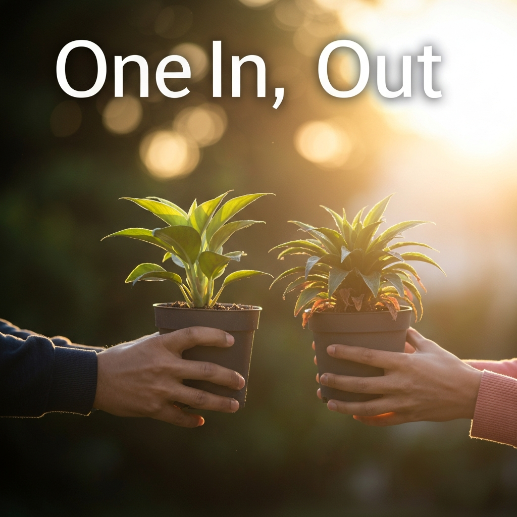 Close-up shot of hands exchanging a new potted plant and an older, less vibrant plant. Soft bokeh in the background highlights the exchange, emphasizing the "One-In, One-Out" concept.