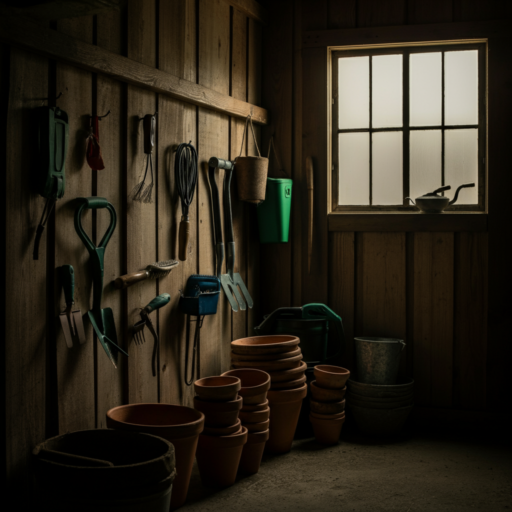 Medium shot of a well-organized garden shed. Tools are hung neatly on the wall, and pots are stacked in an orderly manner. The scene is side-lit, highlighting the textures of the wood and metal.