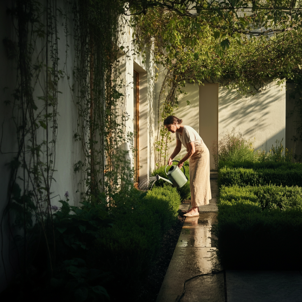 A person watering plants in a well-maintained garden. The scene is shot during golden hour, with warm light casting long shadows. The focus is on the act of care and maintenance.