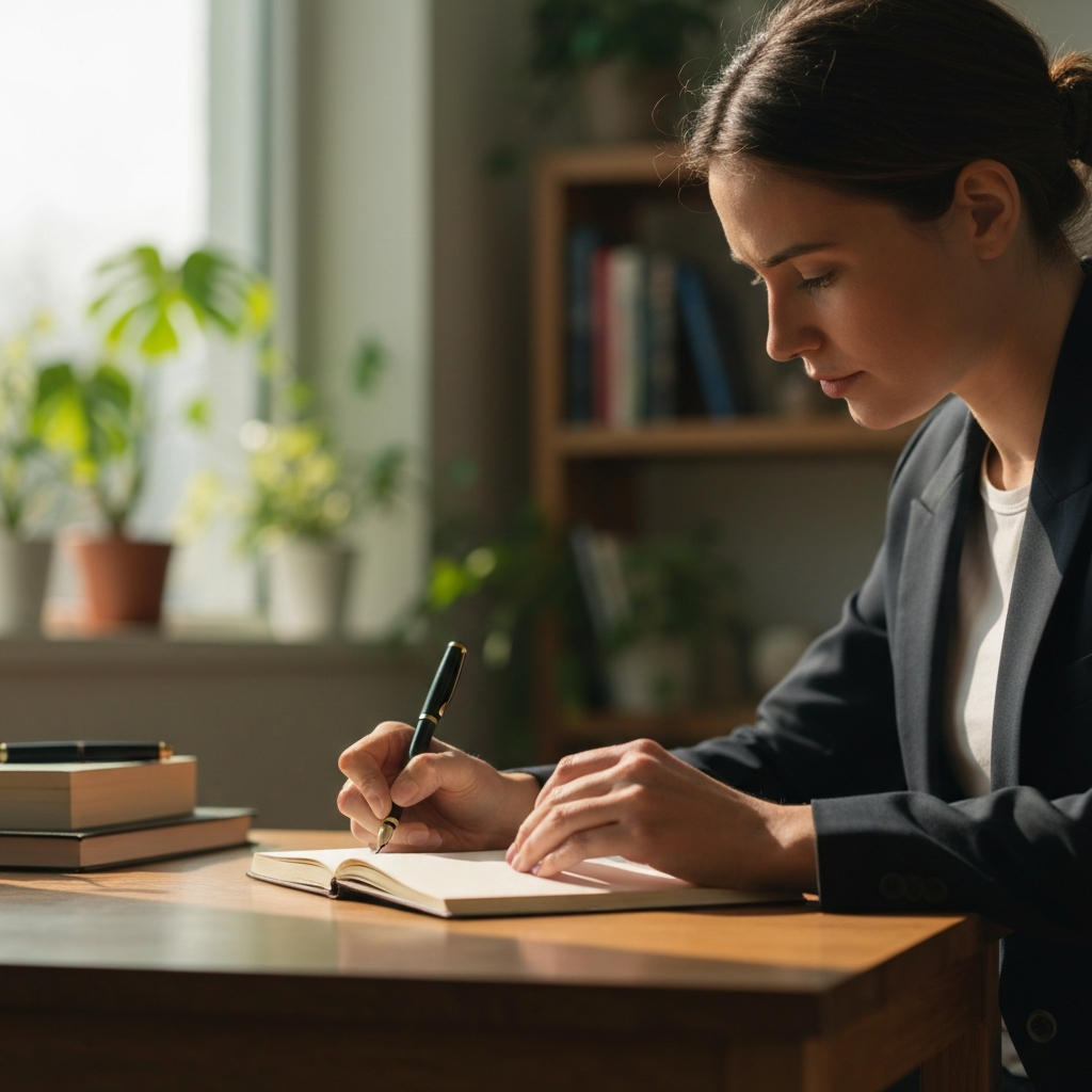 A person sitting at a wooden desk in a sunlit room, writing in a journal with a fountain pen. Soft bokeh in the background shows houseplants and bookshelves.