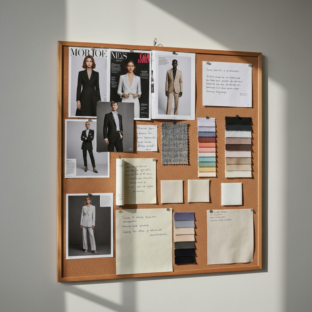 A mood board hanging on a corkboard, featuring magazine clippings of diverse fashion styles, fabric swatches, and handwritten notes. The board is side-lit, emphasizing the textures of the different materials.