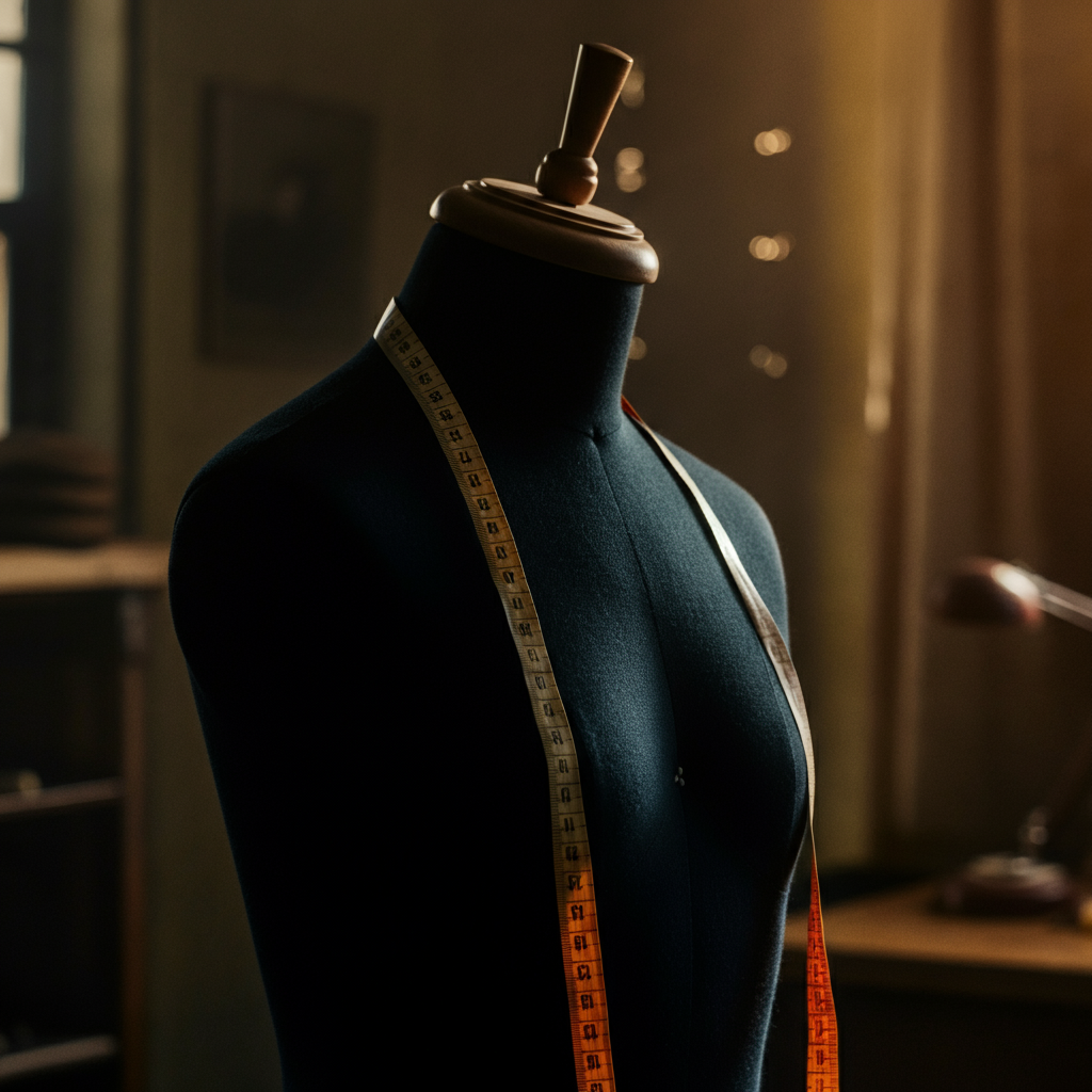 A tailor's workshop, focusing on measuring tape draped across a mannequin. The light is diffused, highlighting the texture of the fabric.