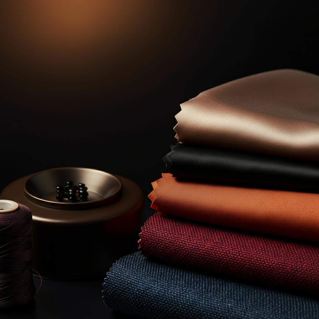 A close-up shot of a variety of colorful fabrics arranged on a table, with a swatch of skin tone visible in the corner for comparison. The lighting is warm and inviting.