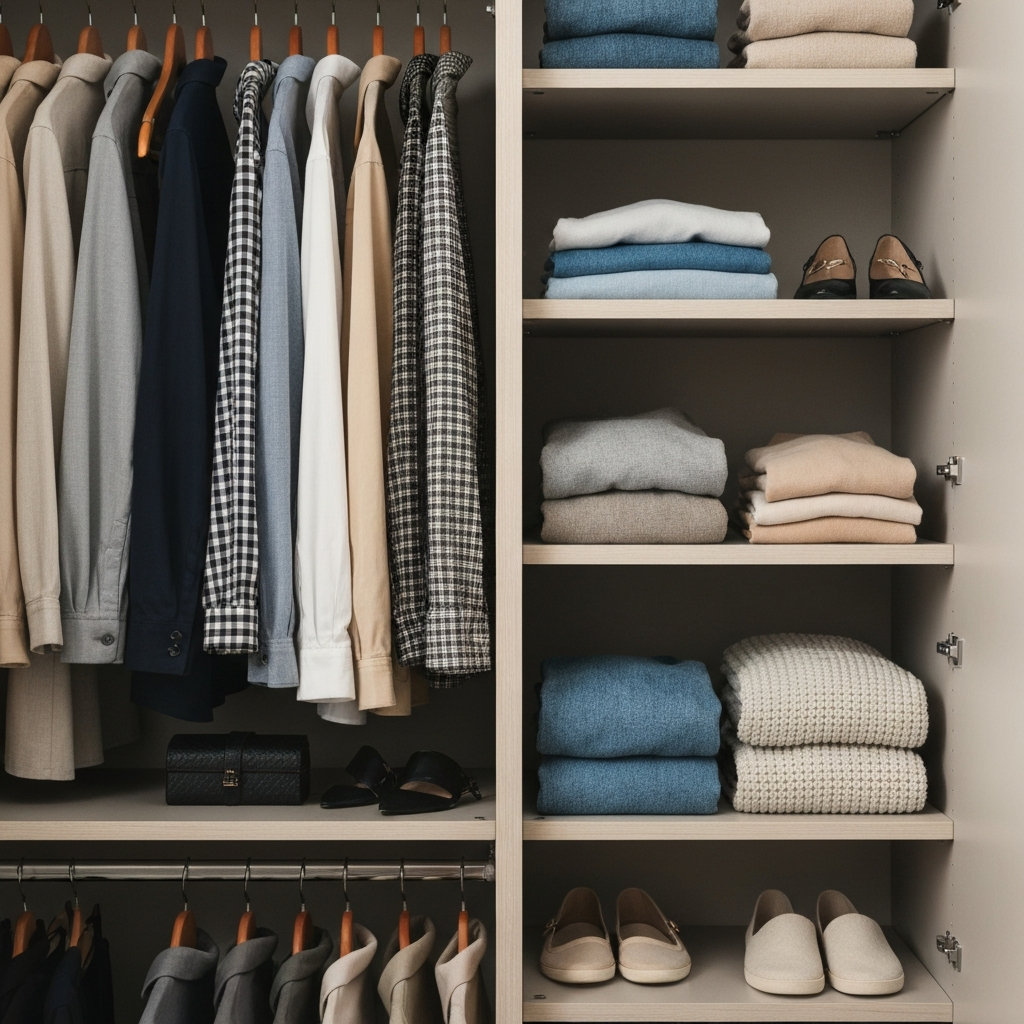 An organized closet with neatly folded clothes and accessories. The lighting is soft and even, highlighting the texture of the fabrics and materials.