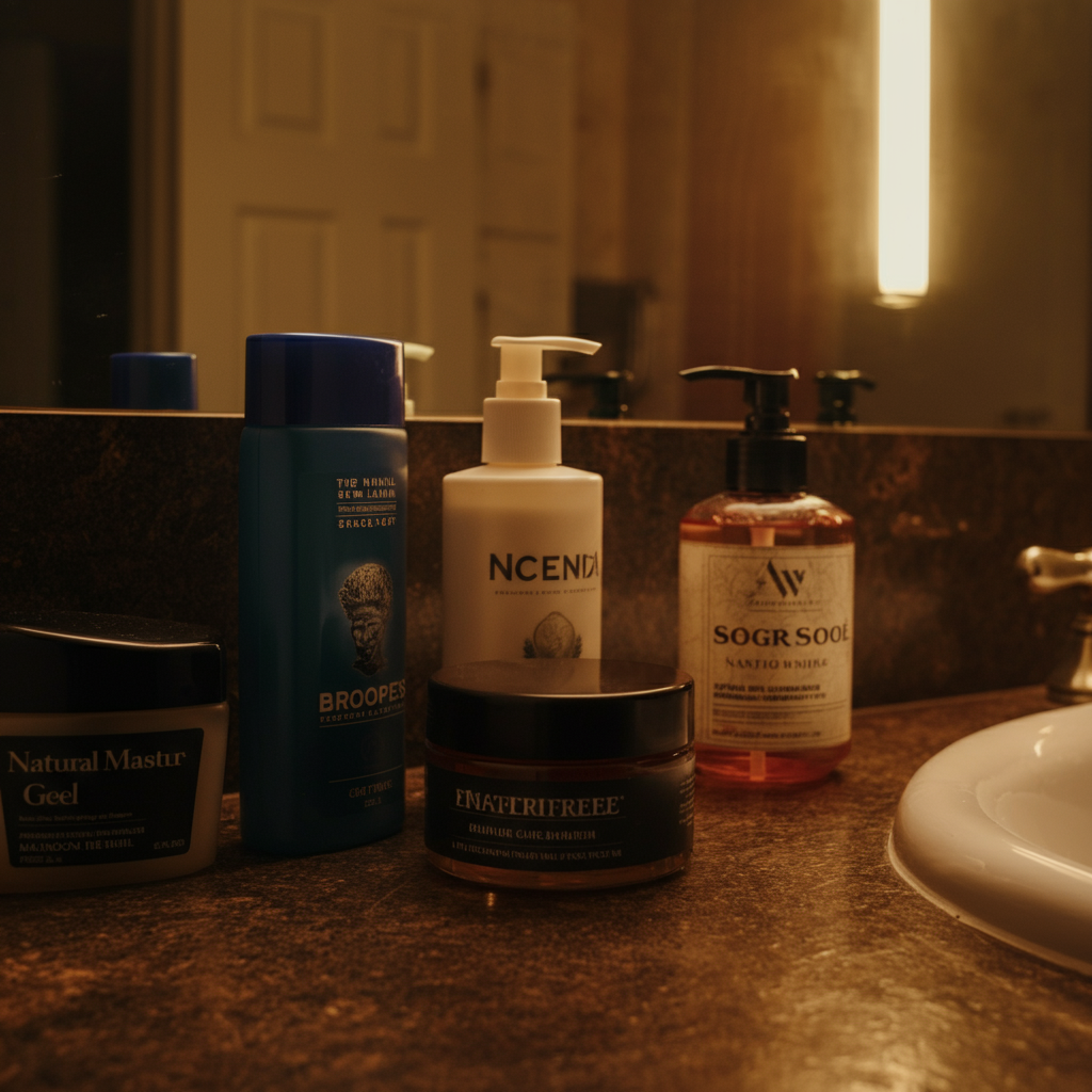A well-lit bathroom with a clean countertop displaying various grooming products, such as hair gel, moisturizer, and shaving cream. The focus is on the cleanliness and organization of the space.