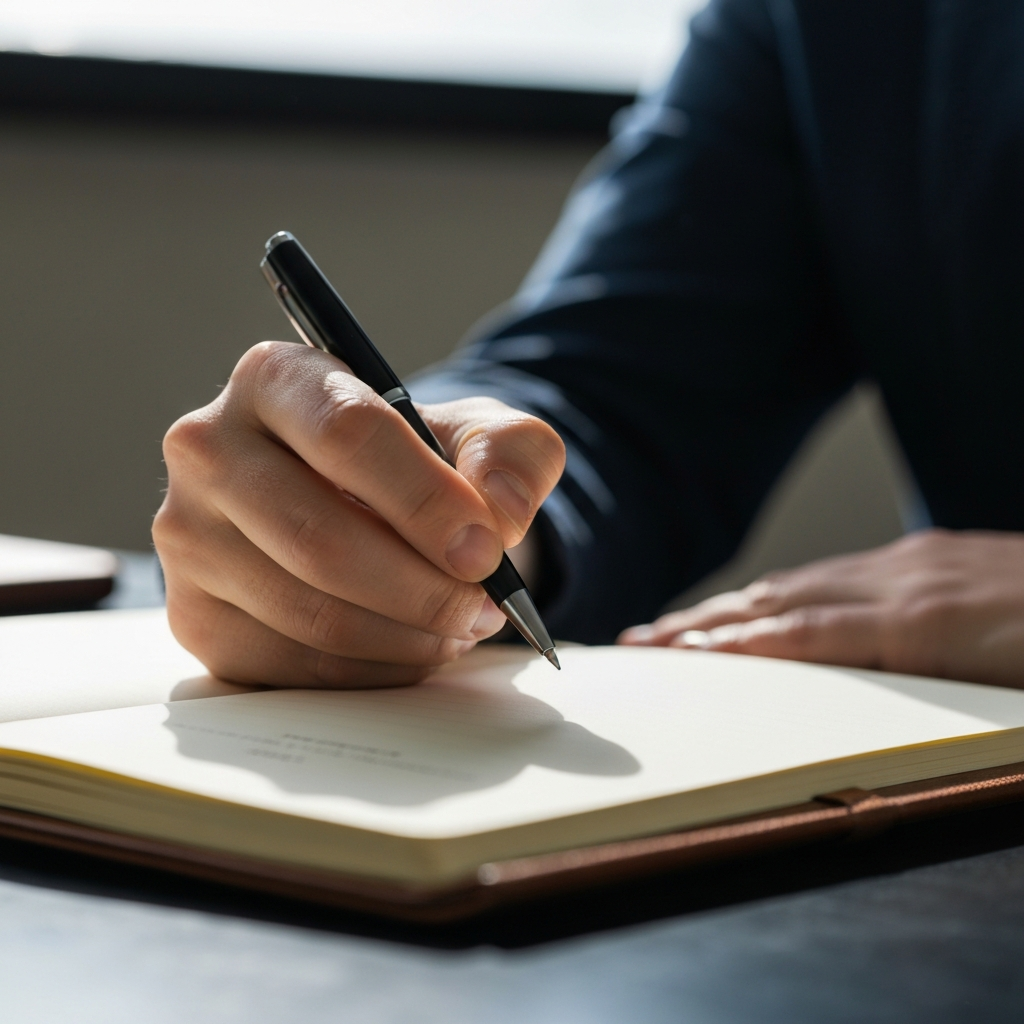Close-up of a person's hand holding a pen, poised above a journal. Soft, diffused daylight illuminates the page. The journal has a leather cover and a slightly worn texture. Focus is on the hand and the tip of the pen, conveying thoughtfulness.