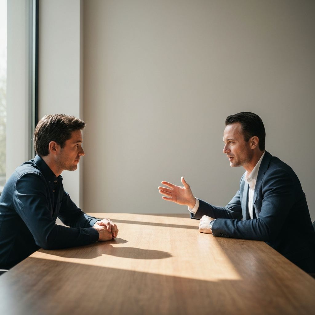 Two people sitting across from each other at a wooden table, engaged in conversation. Natural light streams in from a nearby window, creating a soft glow on their faces. One person is leaning forward attentively, while the other gestures with their hand as they speak. The background is slightly blurred, emphasizing the connection between the two individuals.