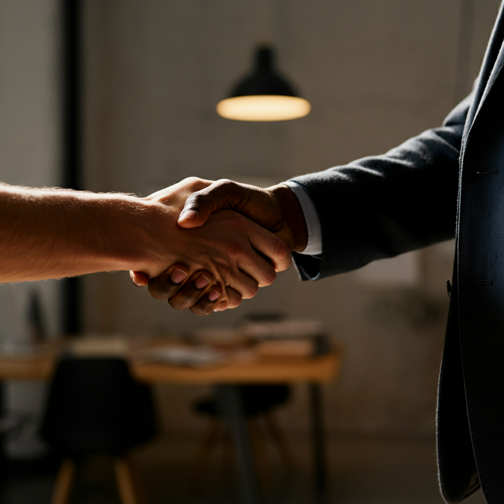 A close-up of two hands shaking, symbolizing agreement or a shared understanding. The hands are diverse in skin tone, and the background is a softly blurred office setting. The lighting is warm and inviting, suggesting collaboration.