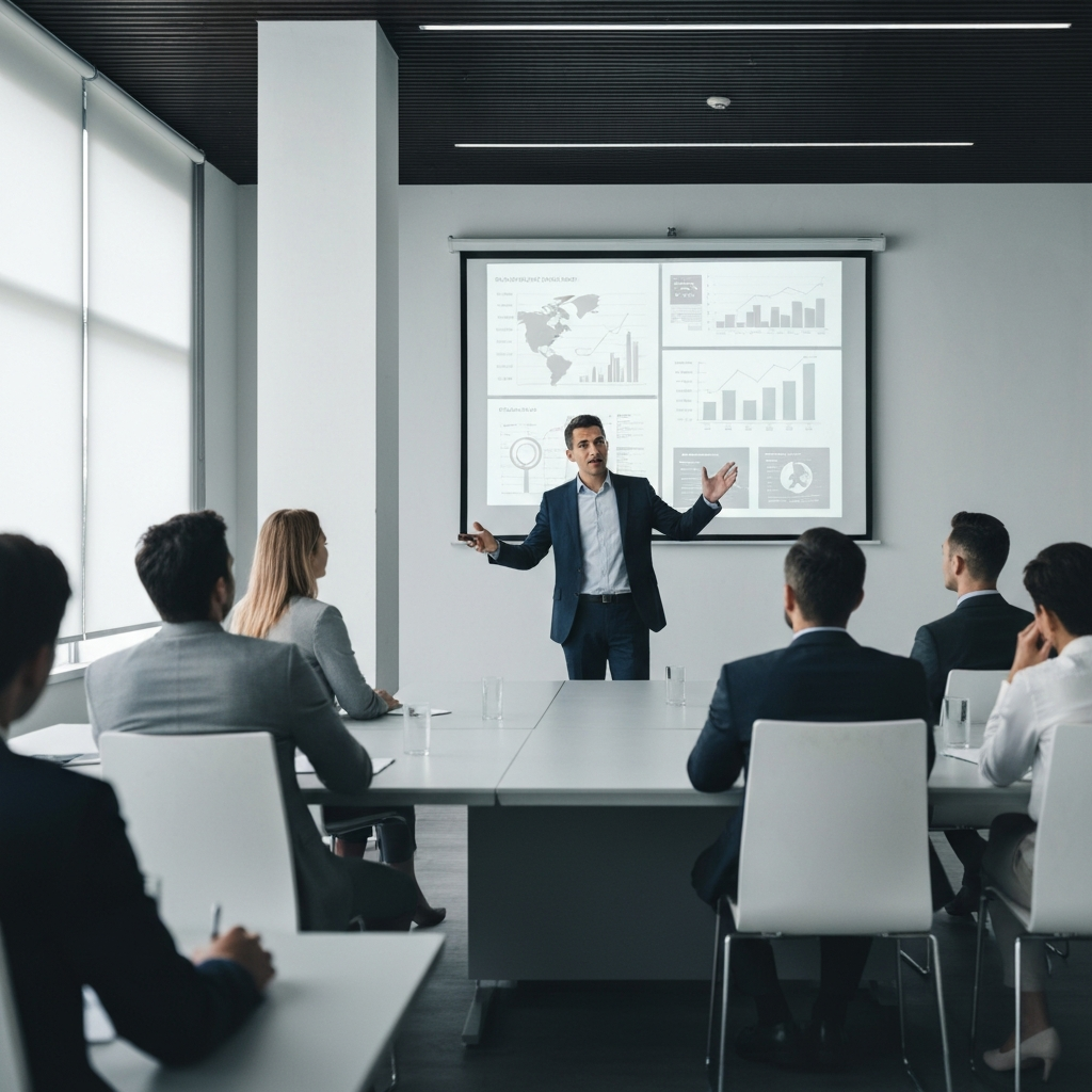 A person giving a presentation in a well-lit conference room. They are dressed professionally and gesturing towards a screen with data visualizations. The audience is attentive and engaged, listening respectfully. The scene conveys professionalism and clear communication.