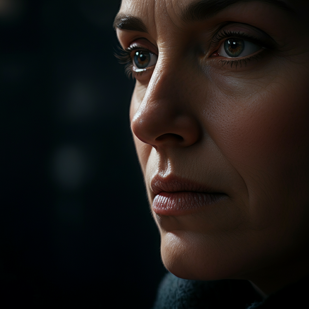 A close-up of a person's face, with a thoughtful and introspective expression. Soft, natural light illuminates their features. Their eyes are slightly unfocused, as if they are deep in thought. The scene conveys contemplation and a willingness to consider new information.