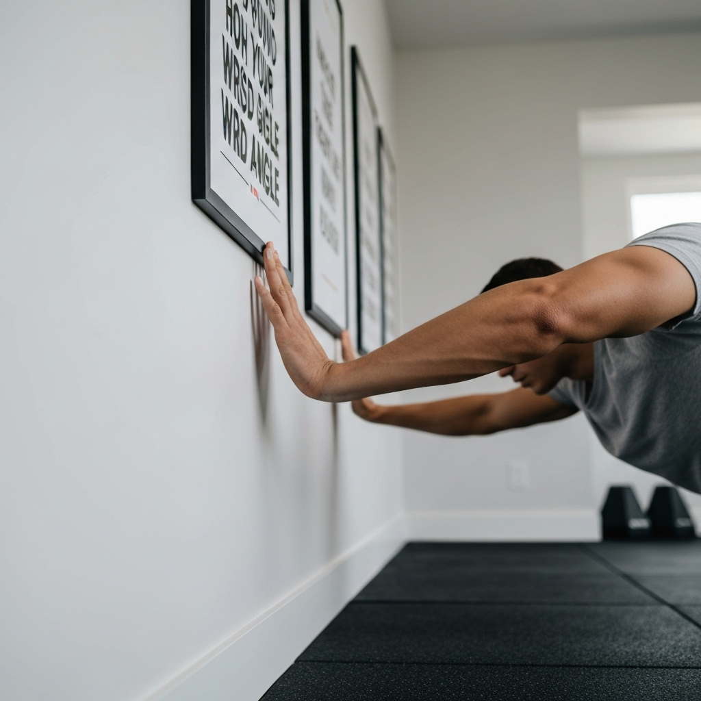 A close-up shot of hands performing decline pushups against a wall, emphasizing wrist angle and controlled movement. The background is a clean, modern home gym with motivational posters.