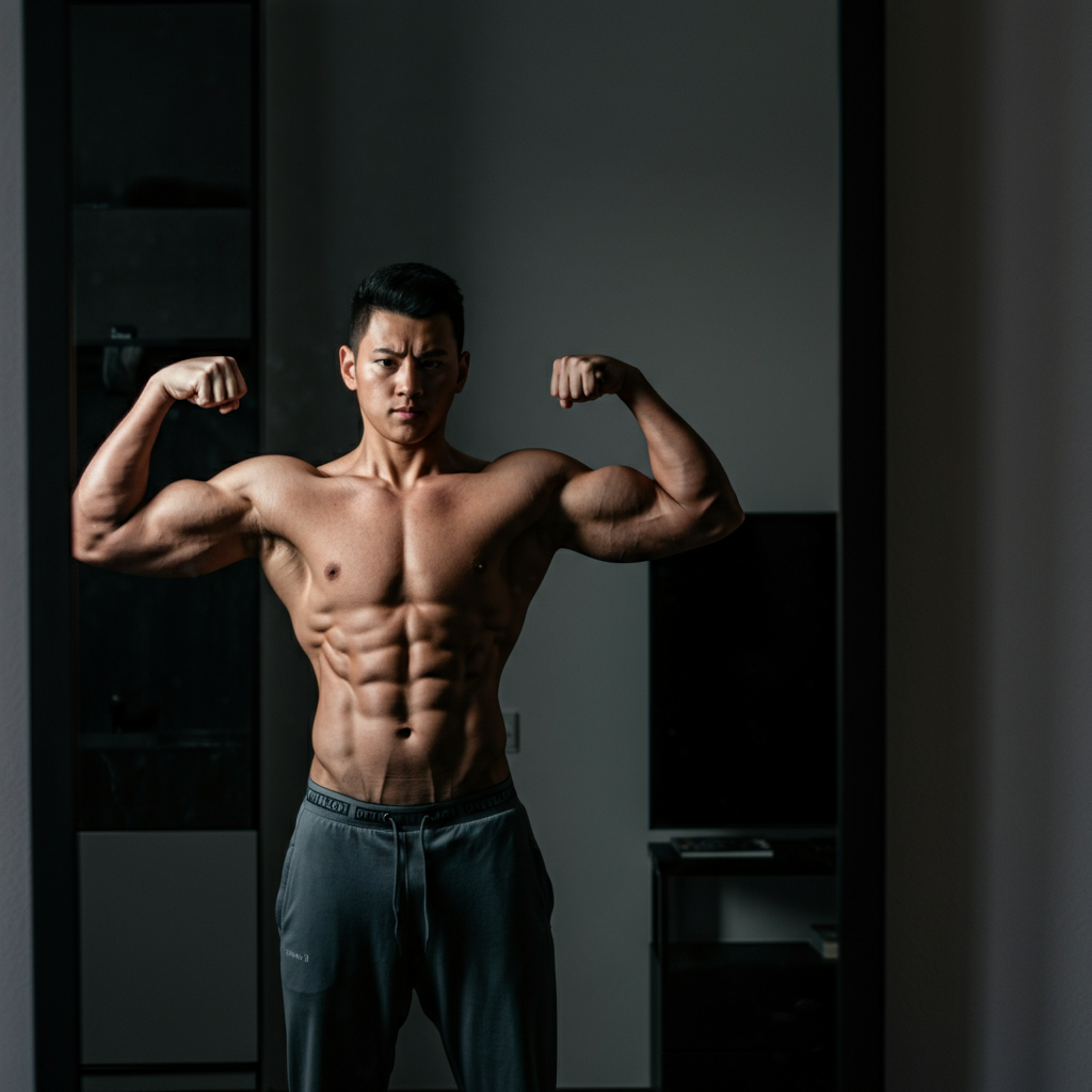 A person taking a progress photo in a mirror, focusing on the reflection and body composition. The lighting is neutral and professional, highlighting muscle definition.