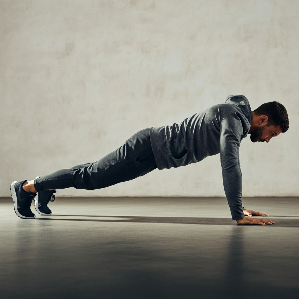 A side view of someone performing a plank hold with perfect form, showing core engagement and body alignment. The background is a minimalist studio, emphasizing the focus on the exercise.
