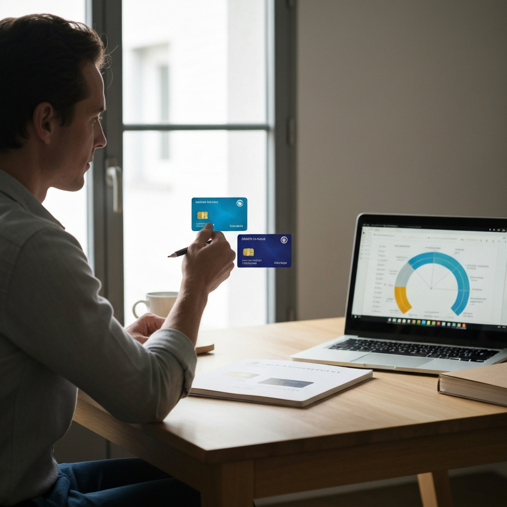A person sitting at a desk, thoughtfully comparing two travel credit cards. The cards are displayed clearly, highlighting their logos. The desk is tidy with a laptop open displaying a comparison chart. Natural light floods the room through a window.