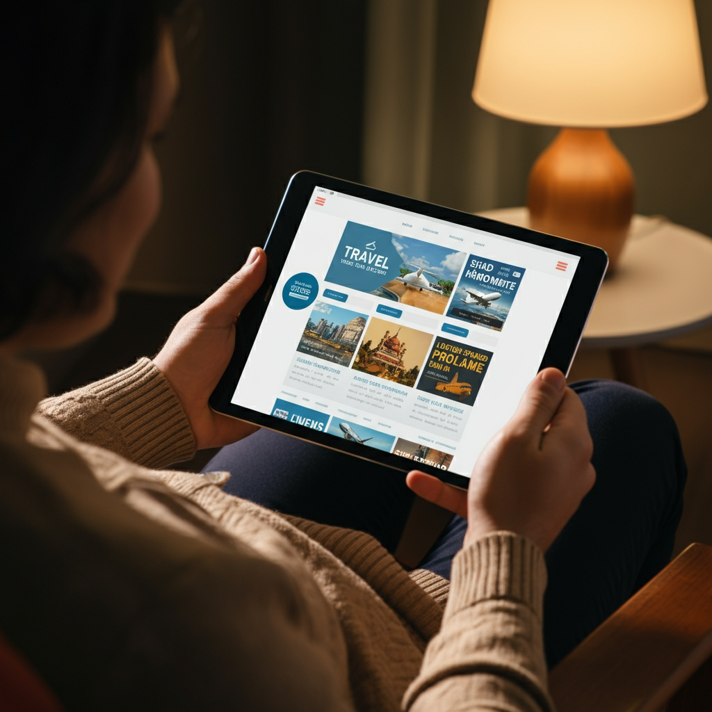 A person sitting on a comfortable armchair, using a tablet to browse airline and hotel websites. The screen displays colorful advertisements for travel promotions. Soft, diffused light from a nearby lamp creates a cozy atmosphere.