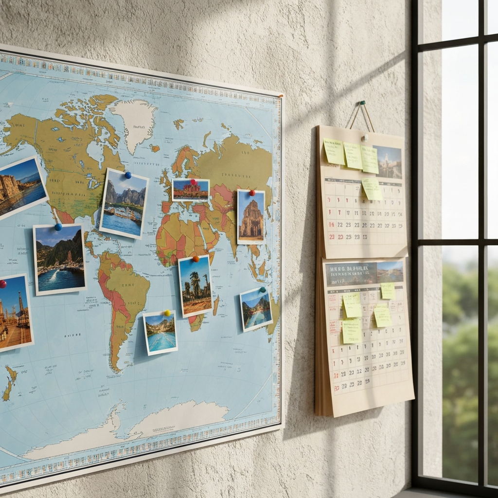 A world map pinned to a wall with colorful travel postcards attached. A calendar hangs nearby, marked with various travel dates. Natural light illuminates the map, highlighting different regions.