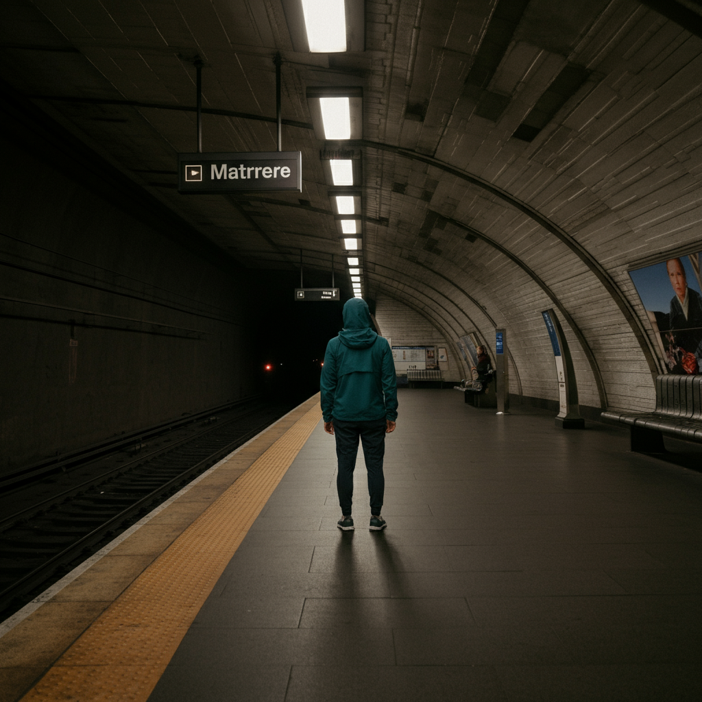 A person standing on a subway platform, waiting for a train. The platform is clean and modern, with clear signage. The lighting is bright and even, highlighting the geometric patterns of the architecture.