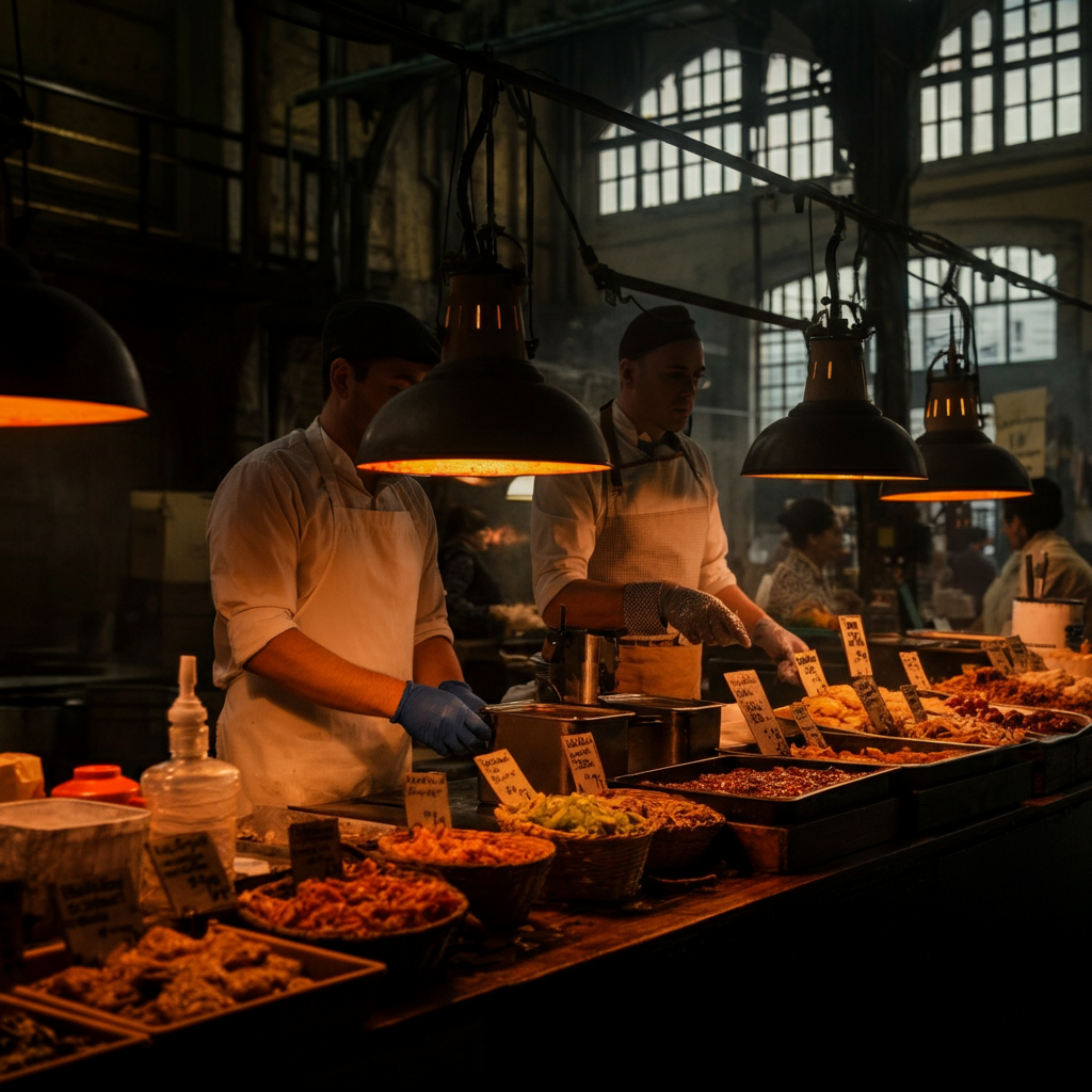 A bustling street food market with vendors selling a variety of local dishes. The air is filled with vibrant colors, textures, and aromas. The lighting is warm and inviting, capturing the energy of the scene.