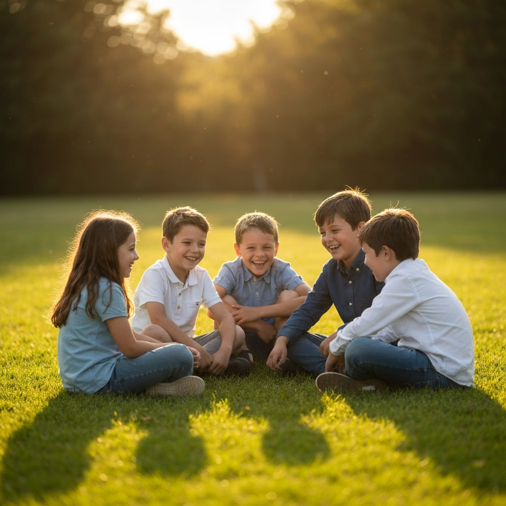A group of children, aged 8-10, are sitting in a circle on a grassy field, bathed in the warm glow of late afternoon sun. They are laughing and sharing stories. Soft bokeh in the background highlights the natural textures of the grass and trees. The composition is balanced, capturing the joy and camaraderie of childhood friendship.