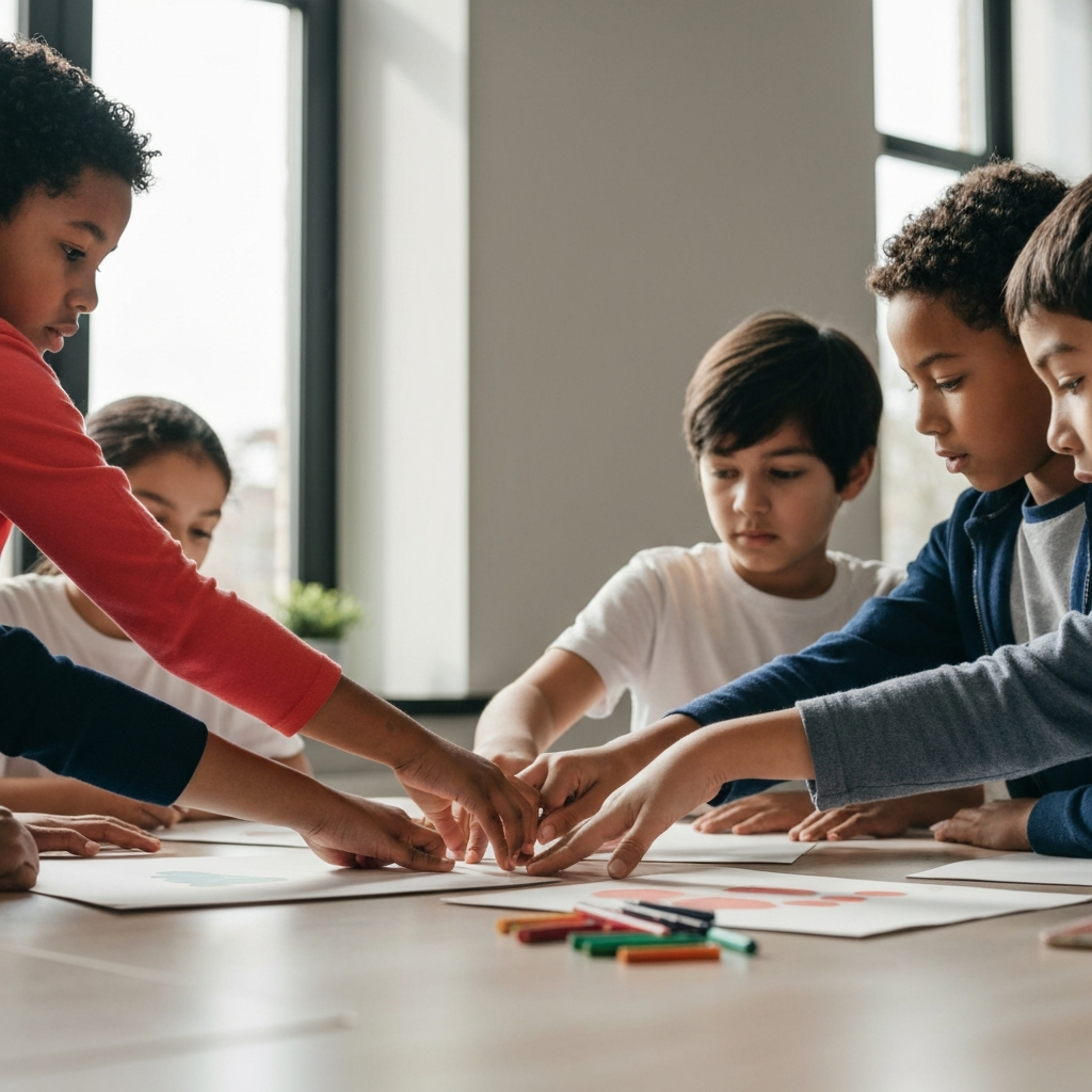 A diverse group of children, aged 7-9, are working together on an art project at a table in a brightly lit classroom. The focus is on their hands as they collaborate, showcasing different skin tones and textures. Natural light streams in from a nearby window, side-lighting the colorful art supplies. The composition emphasizes teamwork and inclusivity.