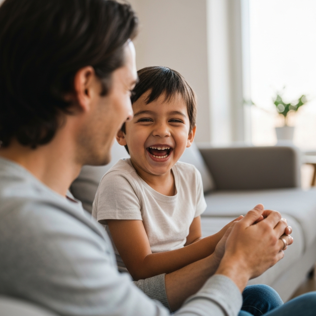 A child, aged 5, is laughing and playing with their parents in a brightly lit living room. The child's face is full of joy and excitement. The scene is shot with a shallow depth of field, emphasizing the child and their parents while blurring the background. The lighting is warm and inviting, creating a sense of love and connection.