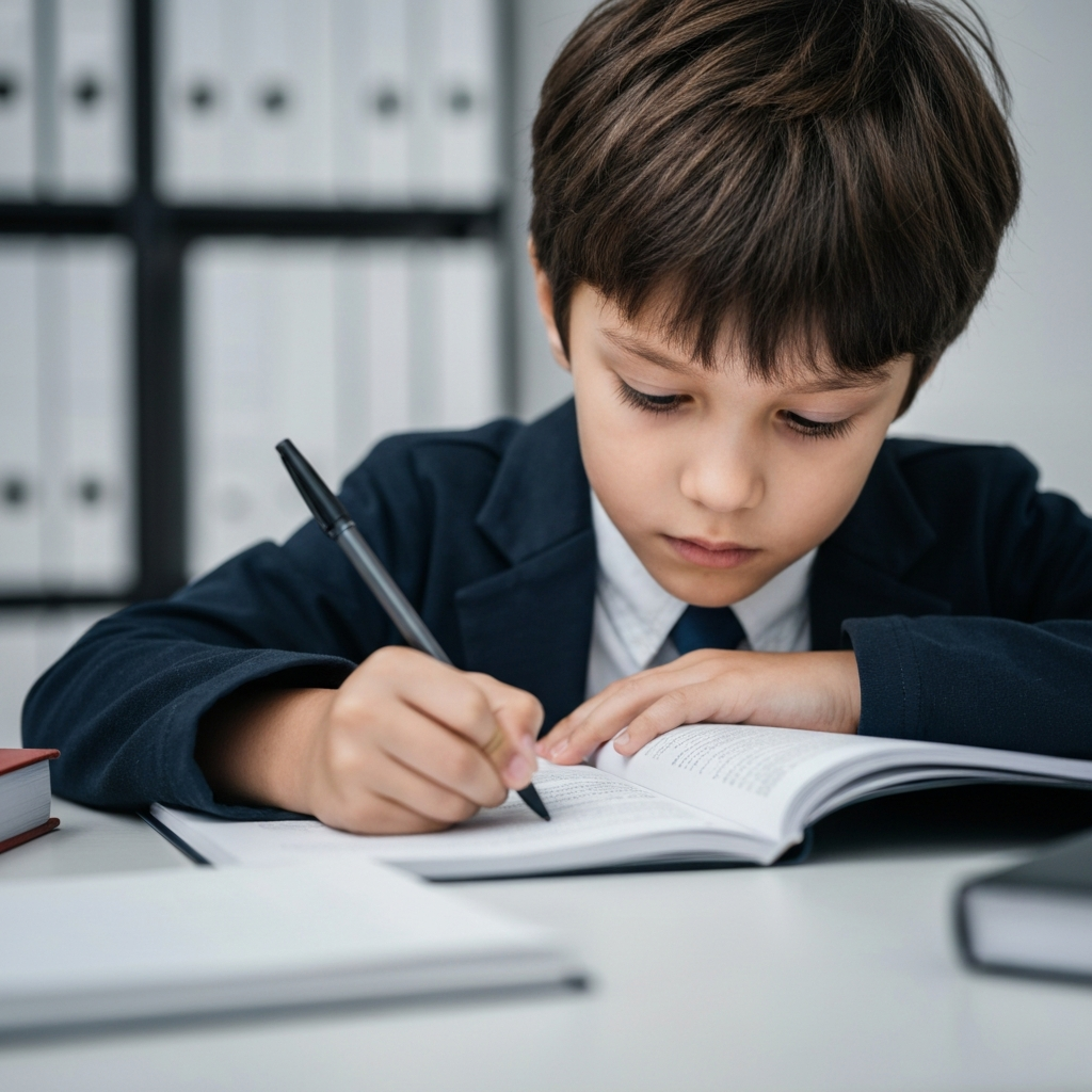 A child, aged 11, is diligently studying at a desk in a well-lit room. The child's face is focused and determined. The scene is shot with a shallow depth of field, emphasizing the child and their books while blurring the background. The lighting is bright and clear, creating a sense of focus and concentration.