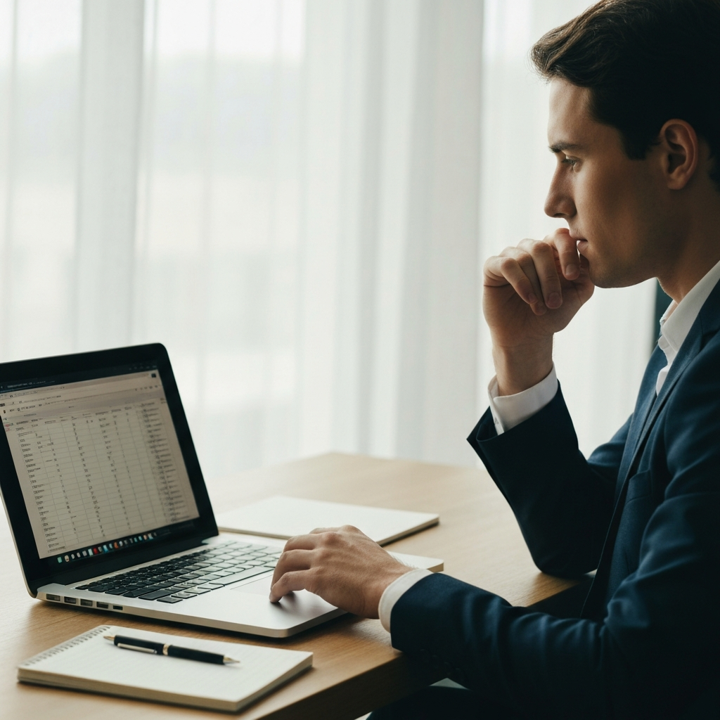 A person sitting at a desk, looking at a laptop with a spreadsheet visible on the screen. Soft, diffused daylight coming through a window. A notepad and pen are beside the laptop. The person is focused and thoughtful.