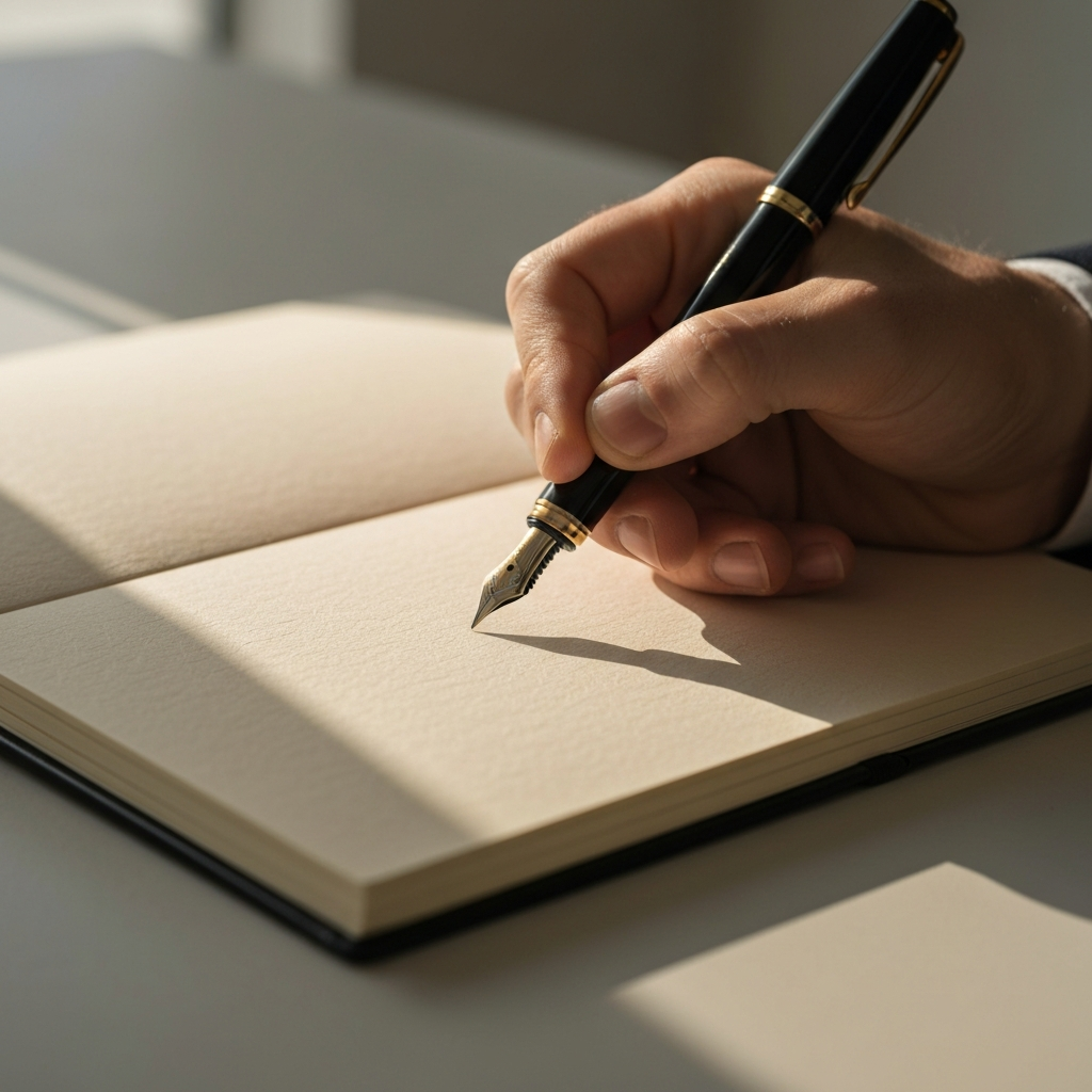 A close-up of a hand writing in a journal with a fountain pen. The paper has a textured surface. Warm, indirect light highlights the texture of the paper and the pen.