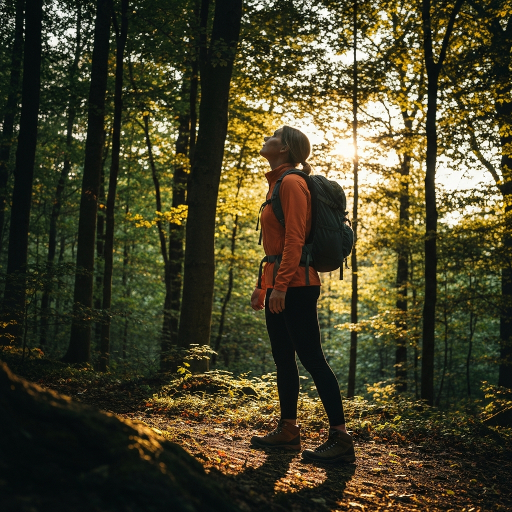 A person hiking in a forest, looking up at the trees. The sunlight filters through the leaves, creating dappled shadows. The person is wearing hiking boots and a backpack. The focus is on the natural environment.