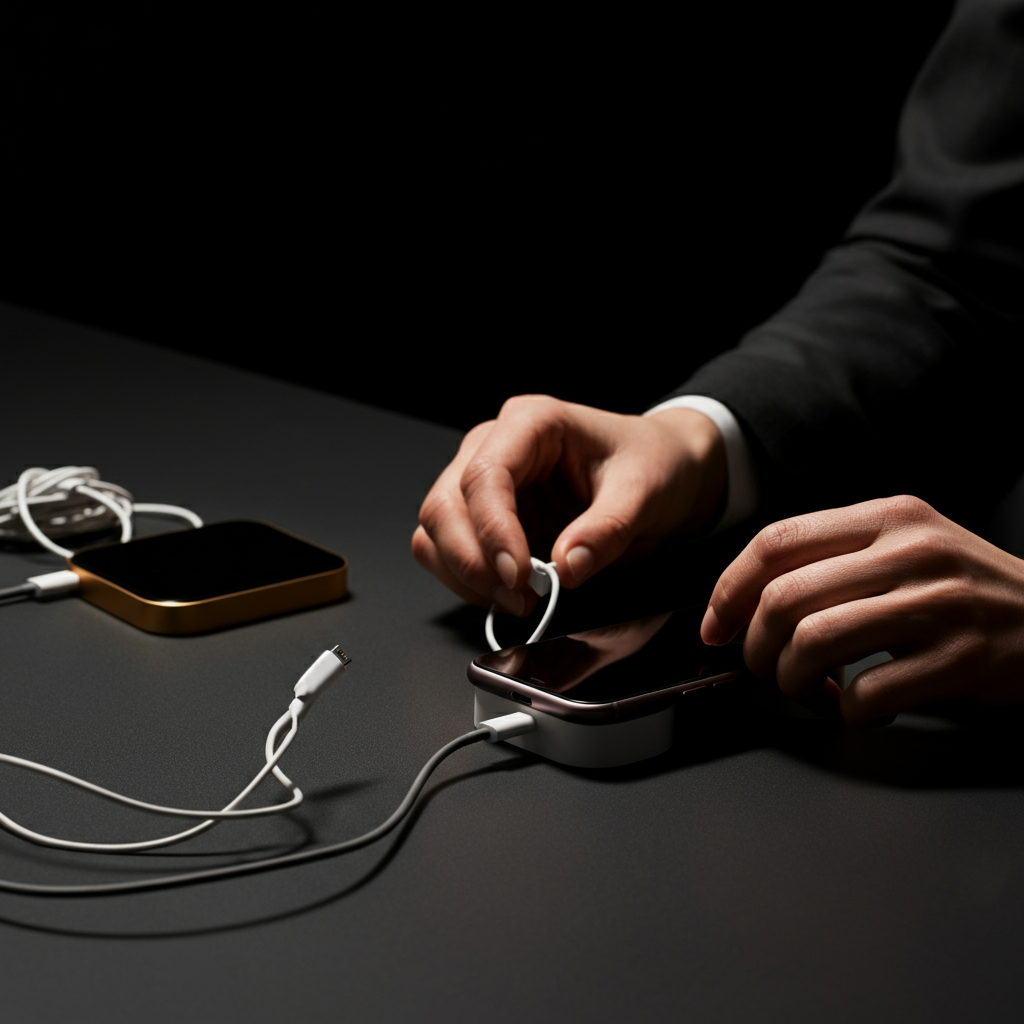 Hands tidying up a desk. Close-up shows hands organizing cables and placing a phone on a charging stand. The desk is clean and minimalist.