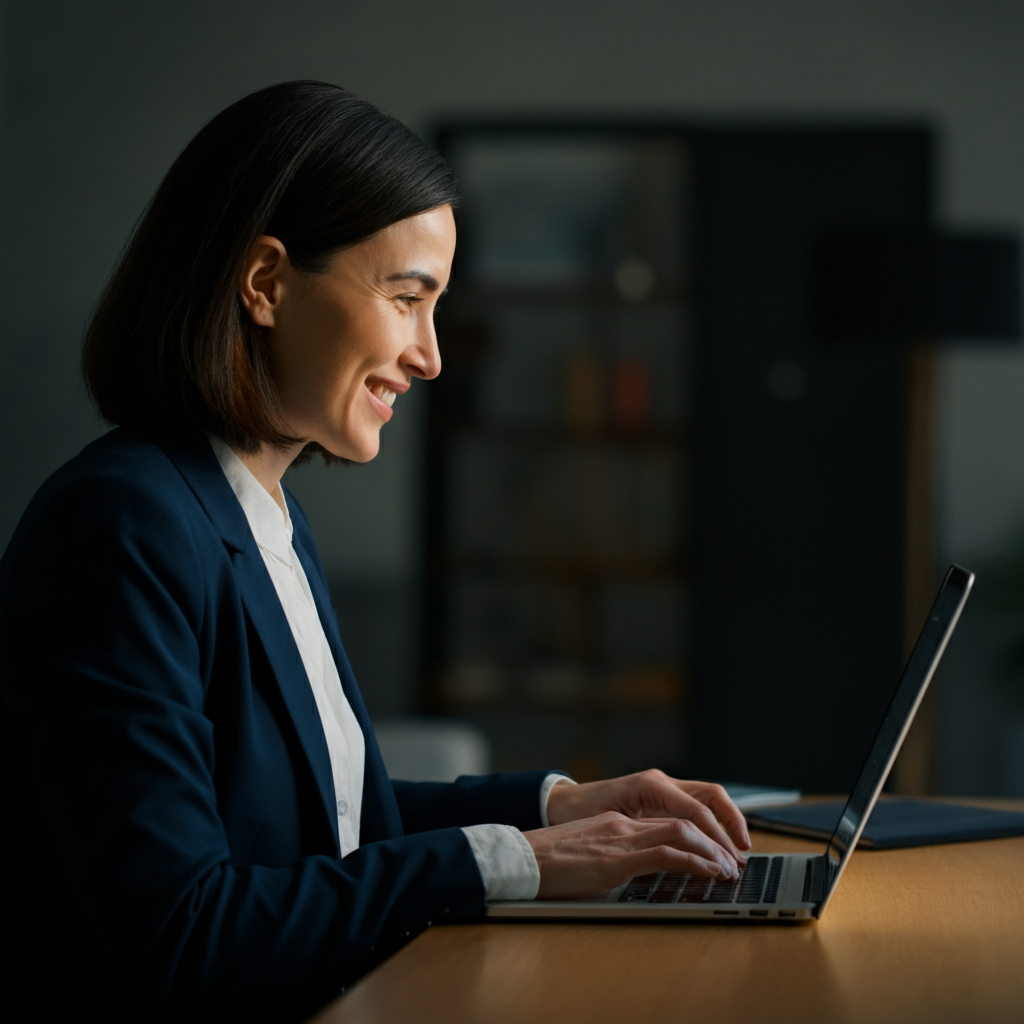 A person using a laptop, but the focus is on their face. They are smiling and engaged in a video call with someone. The background is blurred, creating a soft bokeh effect.