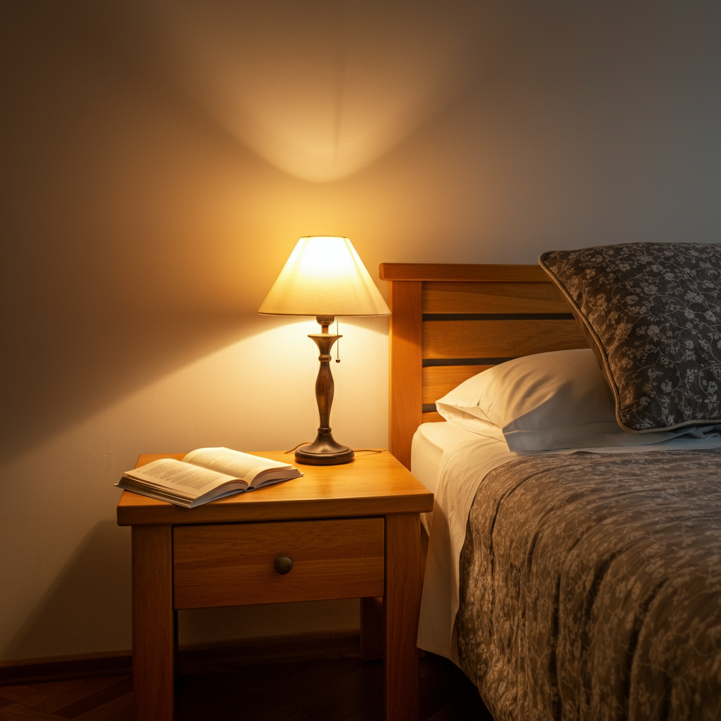 A bedroom with soft, natural light. A book is open on a bedside table, and the bed is neatly made. There are no electronic devices visible in the scene.