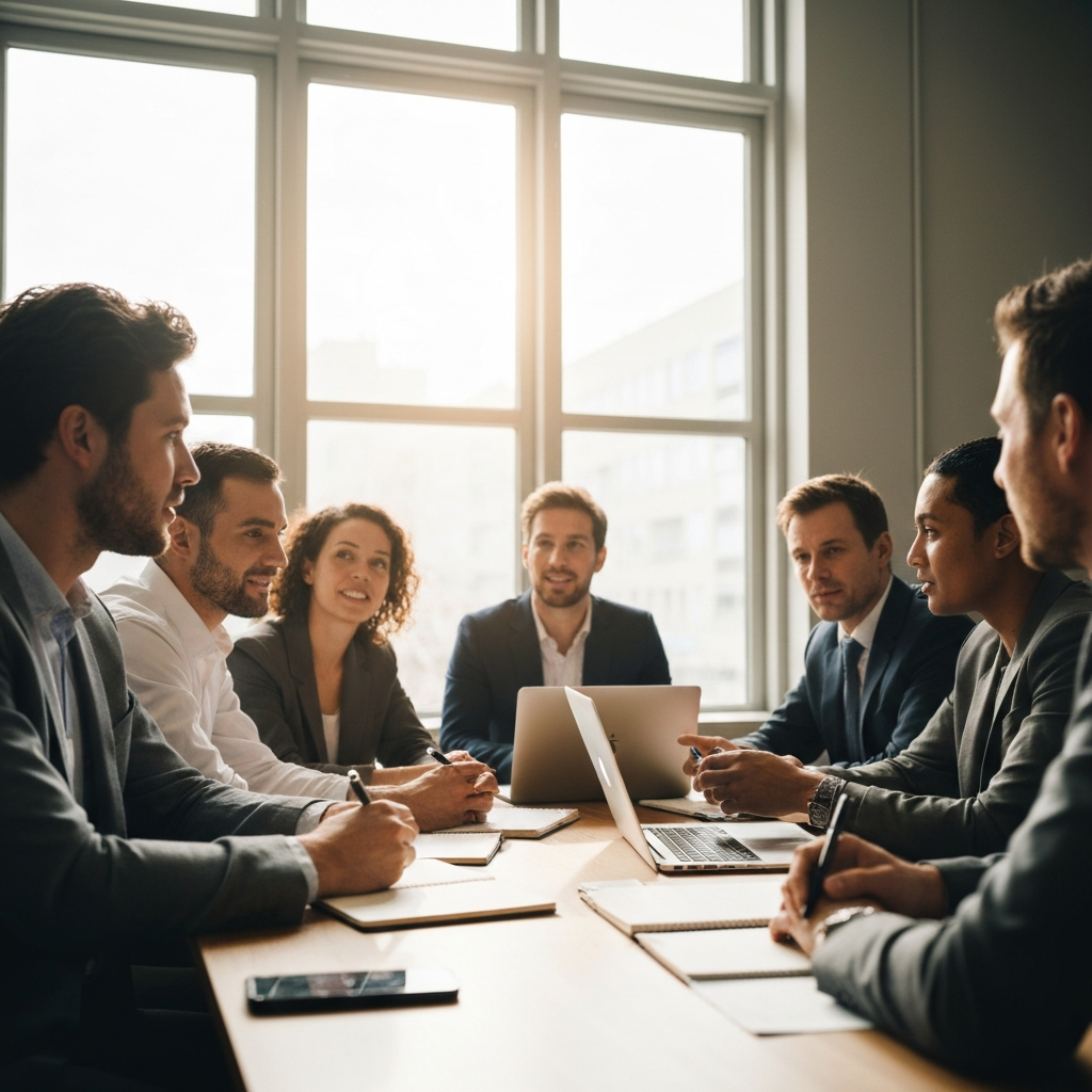 A diverse group of professionals gathered around a conference table, engaged in a lively discussion. Sunlight streams through a large window, illuminating the faces and creating a warm, collaborative atmosphere. The table is scattered with laptops and notebooks.
