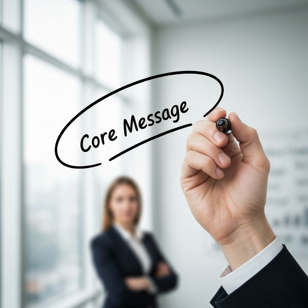A close-up shot of a hand writing on a whiteboard with a marker. The words "Core Message" are clearly visible, underlined and circled for emphasis. The background is slightly blurred, focusing attention on the act of writing.