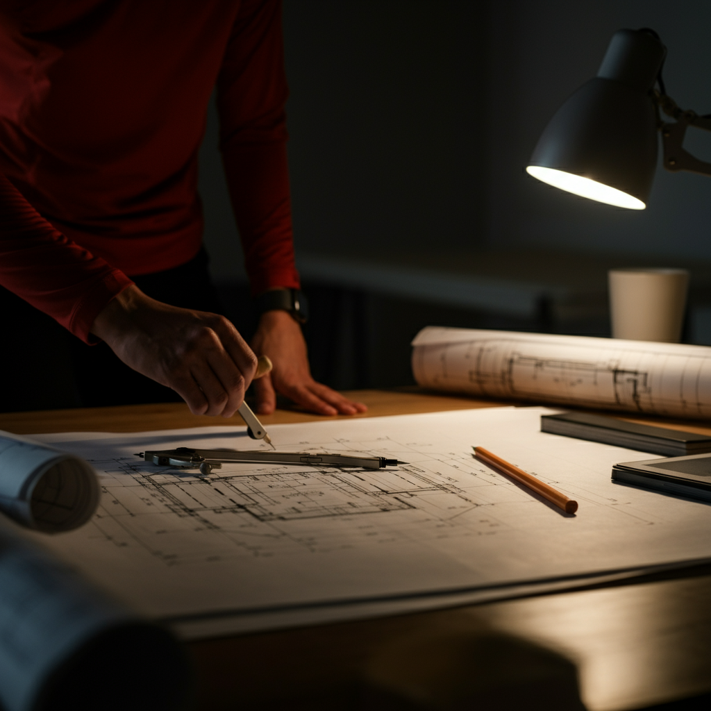 An architect's desk with blueprints laid out, revealing intricate lines and structural details. Soft, diffused lighting highlights the paper's texture and the precise drawing instruments arranged neatly nearby.